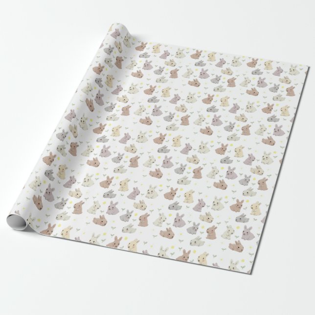 Papier Cadeau Motif d'illustration de lapin mignon et de fleurs (Déroulé)