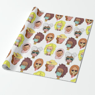 Papier Cadeau Motif d'illustrations de femmes mignonnes portant 