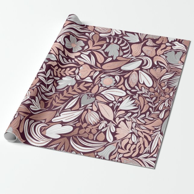 Papier Cadeau Motif d'illustrations florales de Bourgogne rose (Déroulé)