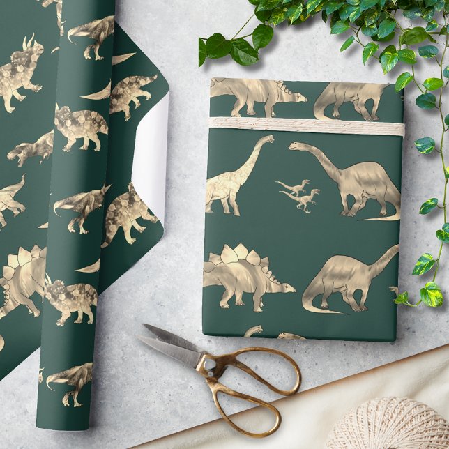 Papier Cadeau Motif Dinosaur Vert (Dinosaur pattern green wrapping paper for dino lovers includes T-Rex velociraptor stegosaurus )