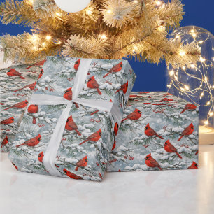 Papier Cadeau Motif d'oiseau cardinal rouge en hiver enneigé