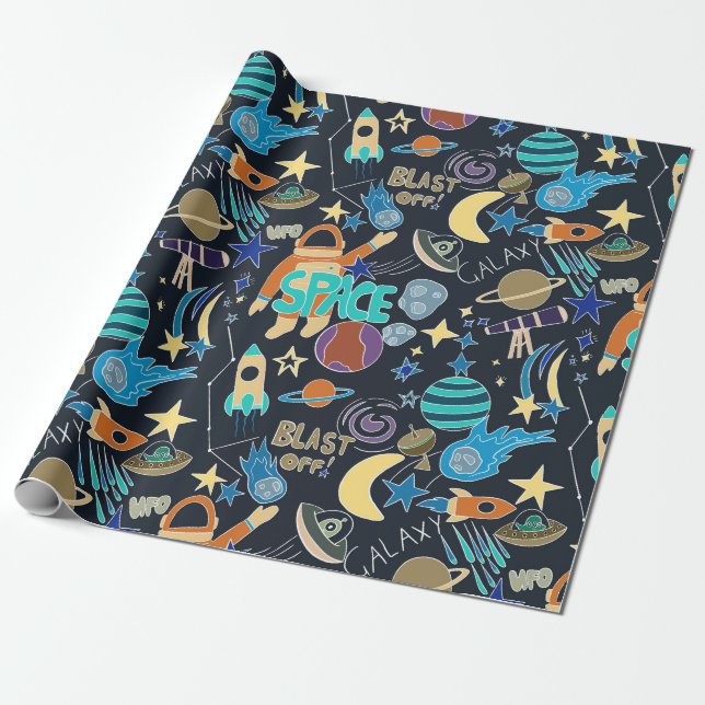 Papier Cadeau Motif Doodle de l'espace extra-atmosphérique (Déroulé)