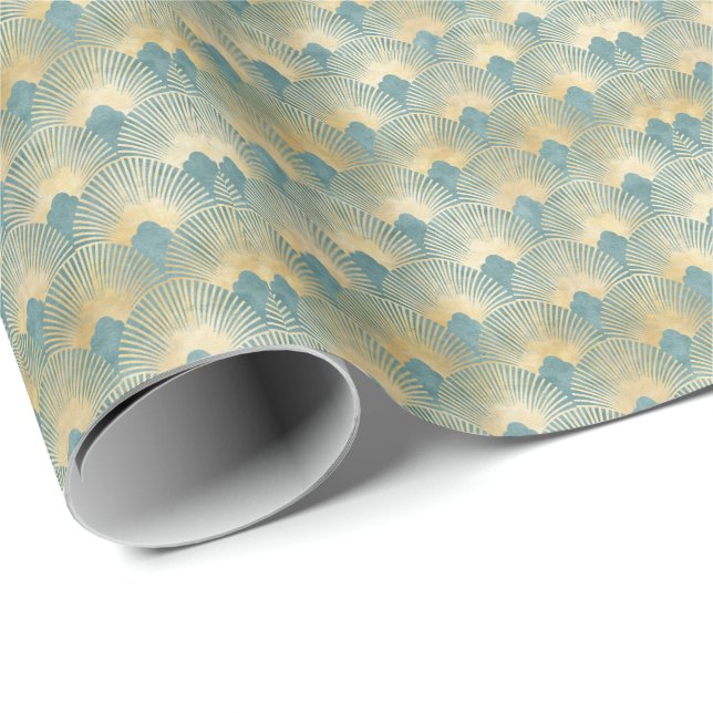 Papier Cadeau motif d'or turquoise, motif de plumes de ventilate (Coin rond)