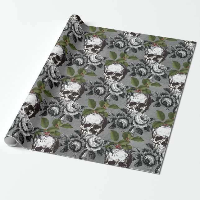 Papier Cadeau Motif du crâne de Noël de Grunge gothique floral (Déroulé)
