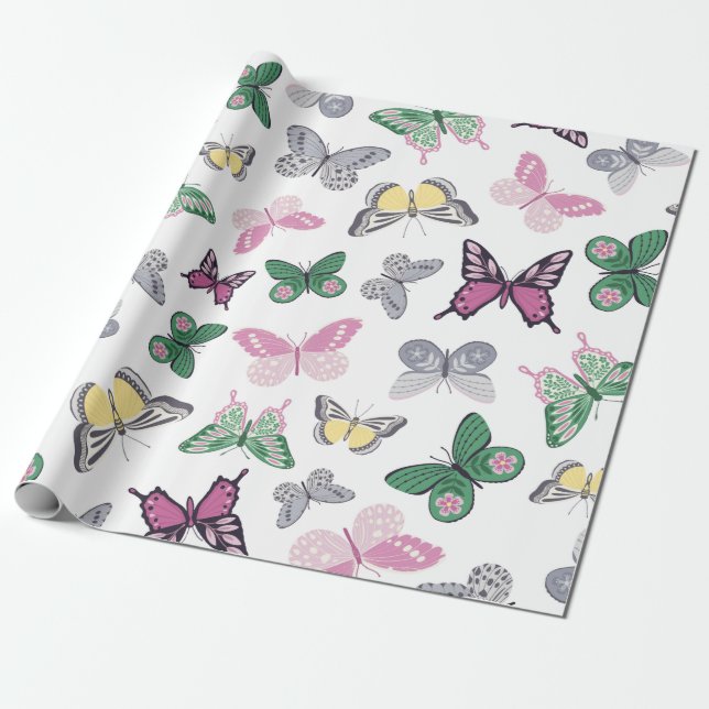 Papier Cadeau Motif du jardin des papillons d'aquarelle (Déroulé)