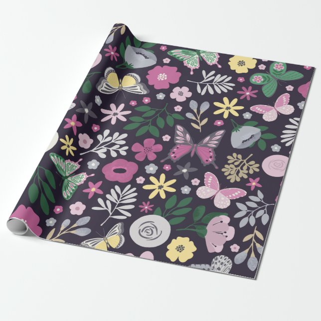 Papier Cadeau Motif du jardin des papillons d'aquarelle (Déroulé)