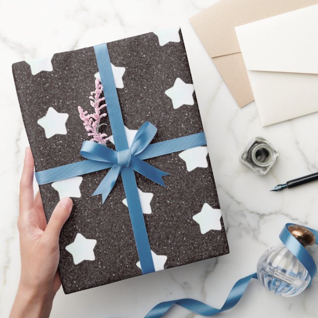 Papier Cadeau motif du milieu du siècle moderne noir rétro étoil (Cadeaux)
