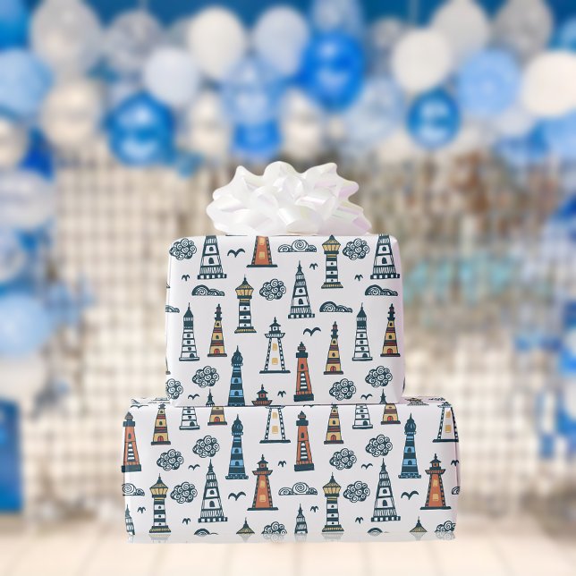 Papier Cadeau Motif du phare de Cute | Blanc (Créateur téléchargé)