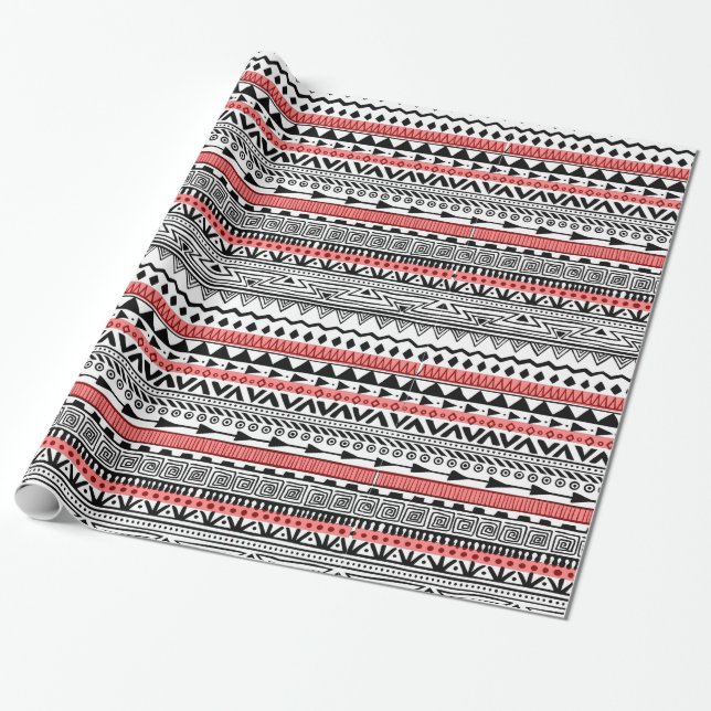 Papier Cadeau Motif du sud-ouest noir et blanc rouge (Déroulé)