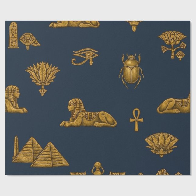Papier Cadeau Motif Égyptien Minimaliste Navy & Or Antique (Plat)