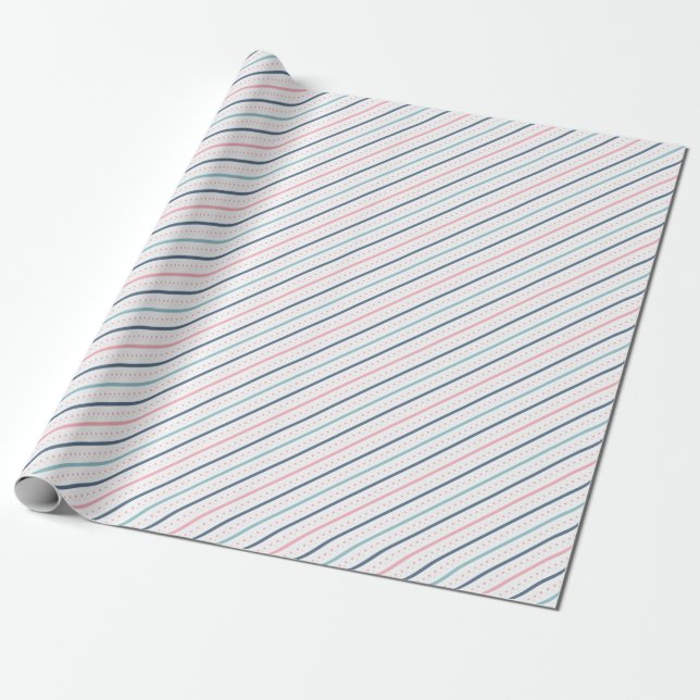 Papier Cadeau Motif élégant de lignes et de points bleus, roses  (Déroulé)