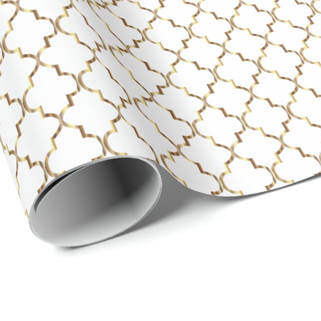 Papier Cadeau Motif élégant de Quatrefoil d'or sur le blanc (Coin rond)