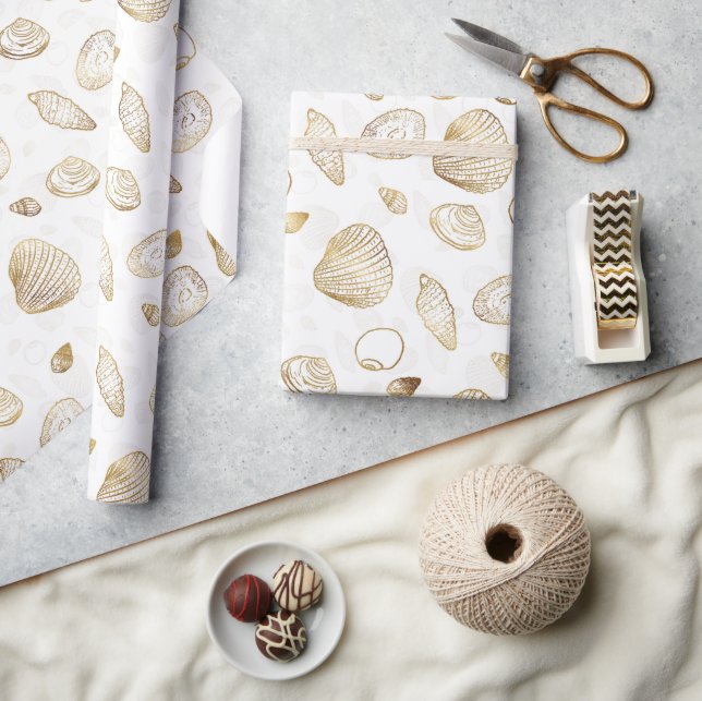 Papier Cadeau Motif élégant Gold White Seashells (Artisanat)
