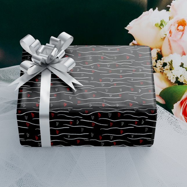 Papier Cadeau Motif élégant Red Grey Hearts and Strippes (Créateur téléchargé)