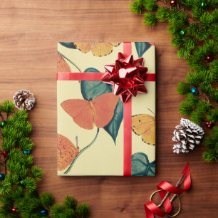 Papier Cadeau Motif élégant vintage de papillons et de feuilles 