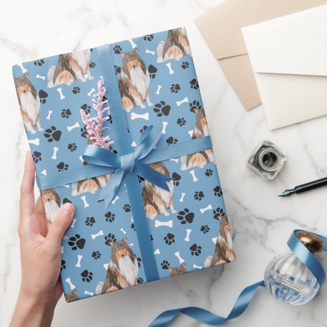 Papier Cadeau Motif Empreinte de patte de Collie Dog sur Blue (Cadeaux)