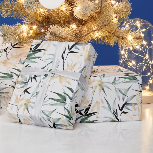 Papier Cadeau Motif en bambou japonais Aquarelle Vert or (Vacances)