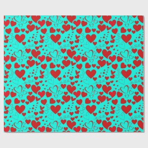 Papier Cadeau Motif en forme de coeur rouge en turquoise vide