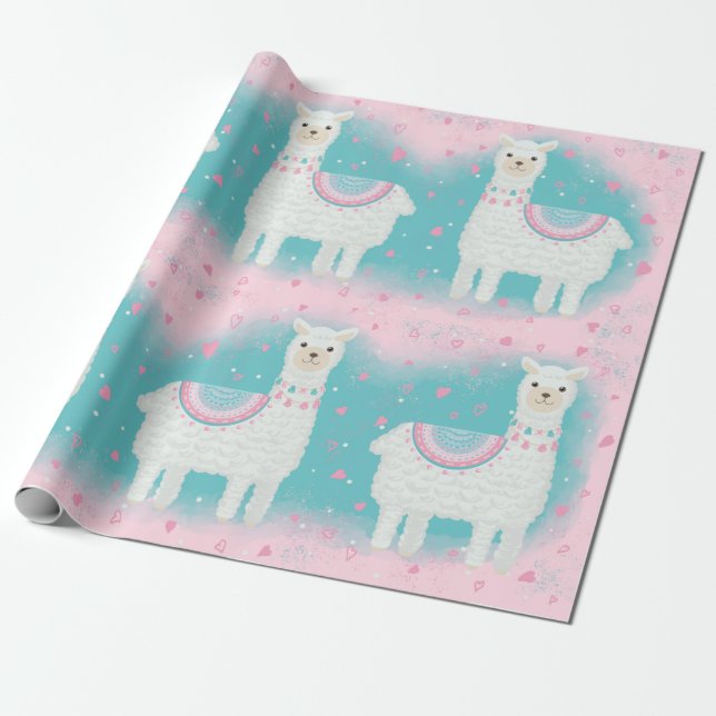 Papier Cadeau Motif en lama rose et menthe (Déroulé)