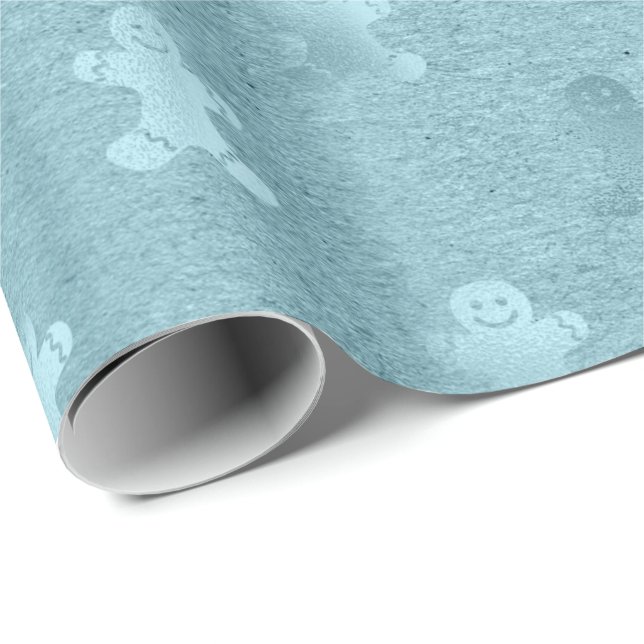 Papier Cadeau motif en pain d'épices de Noël bleu métallique (Coin rond)