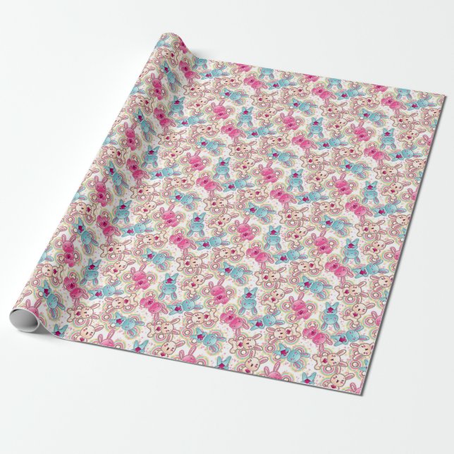 Papier Cadeau Motif enfant Kawaii avec Doodles mignons 2 (Déroulé)