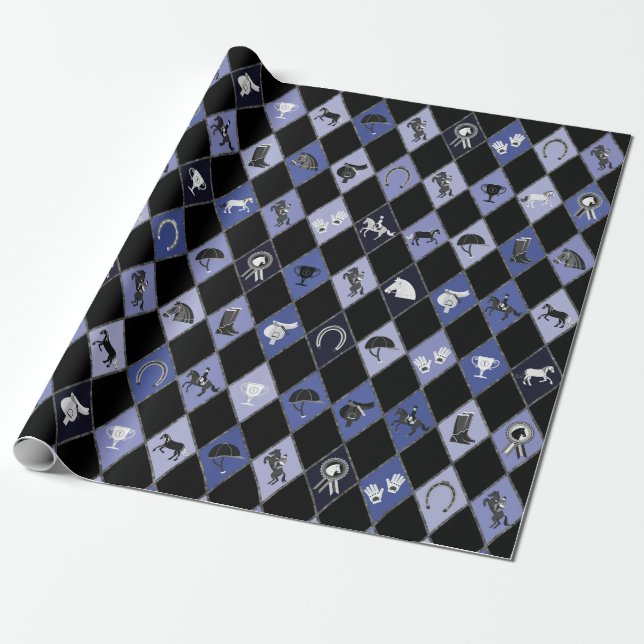 Papier Cadeau Motif équestre bleu noir élégant (Déroulé)