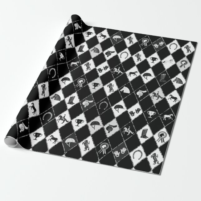 Papier Cadeau Motif équestre noir blanc élégant (Déroulé)
