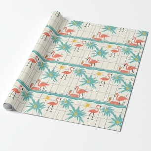 Papier Cadeau Motif Estival Rétro Flamingo au Bord de la Piscine