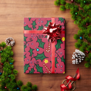 Papier Cadeau Motif Étoiles de Houx de Noël et Canne à Sucre