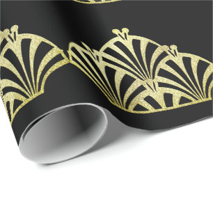 Papier Cadeau Motif éventail Art déco noir or élégant vintage