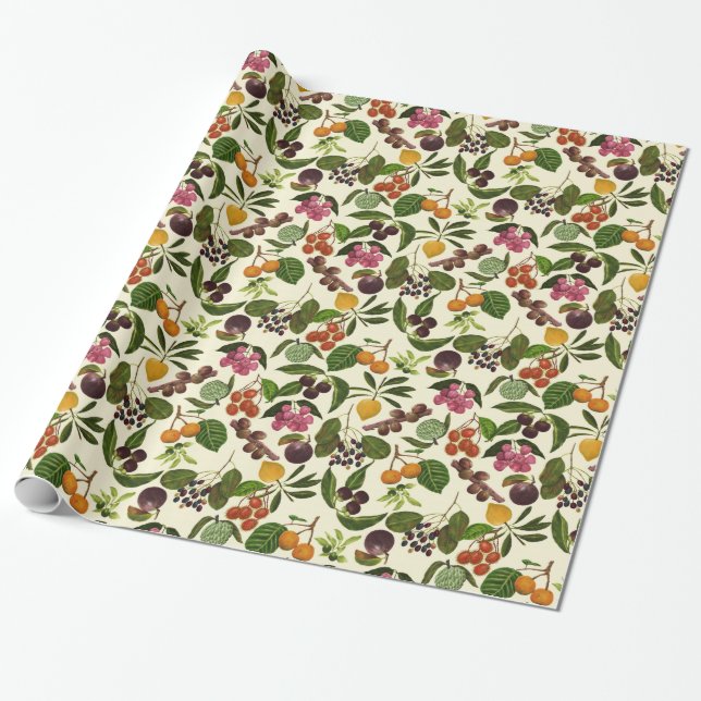 Papier Cadeau Motif exotique peint à la main de fruits tropicaux (Déroulé)