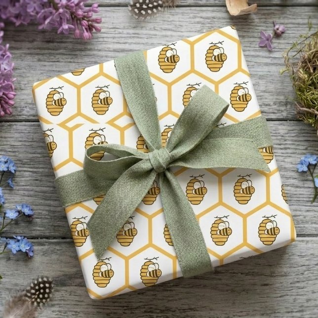 Papier Cadeau Motif fantaisiste de ruche jaune et de bourdon (Springtime beehive pattern wrapping gift)