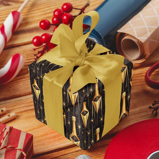 Papier Cadeau Motif festif avec bouteilles de champagne d'or (Créateur téléchargé)
