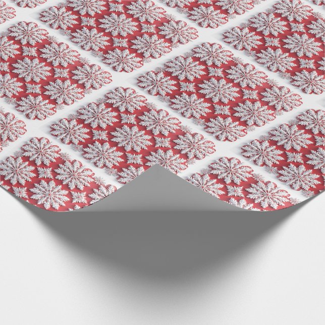 Papier Cadeau Motif festif de flocons de neige rouges et blancs (Coin)
