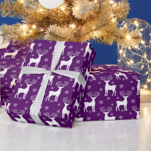 Papier Cadeau Motif festif de Noël renne violet et blanc