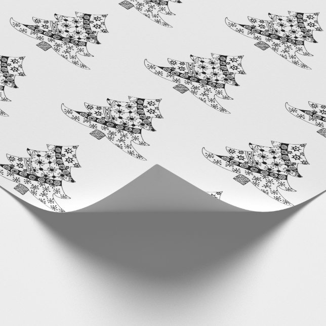 Papier Cadeau Motif Festif Noir et Blanc sapin de Noël (Coin)