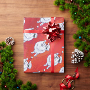 Papier Cadeau Motif Festive White PomPom Chien sur Red