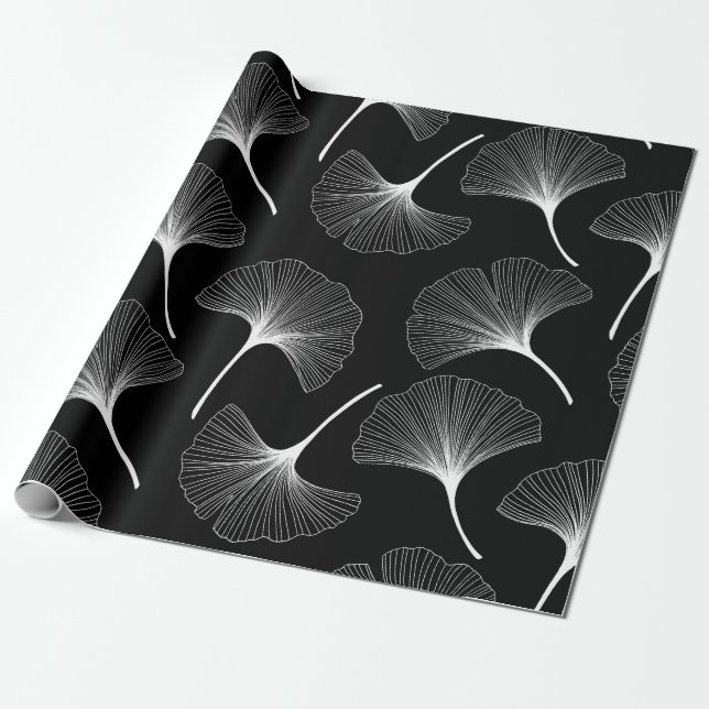Papier Cadeau Motif feuille abstrait blanc et noir (Déroulé)