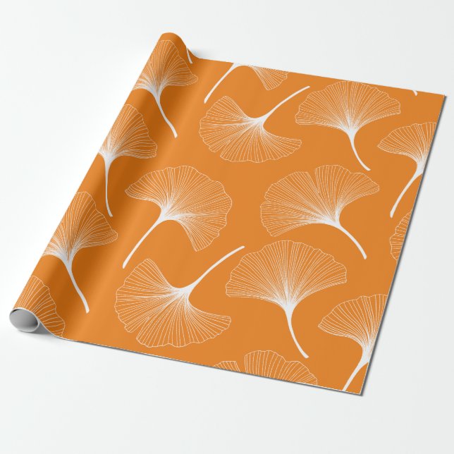 Papier Cadeau Motif feuille abstrait blanc et orange (Déroulé)