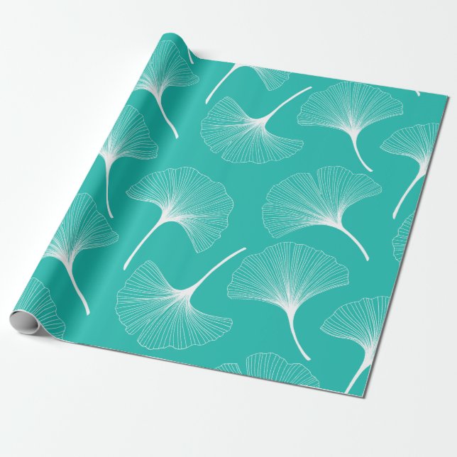 Papier Cadeau Motif feuille abstrait blanc et turquoise (Déroulé)