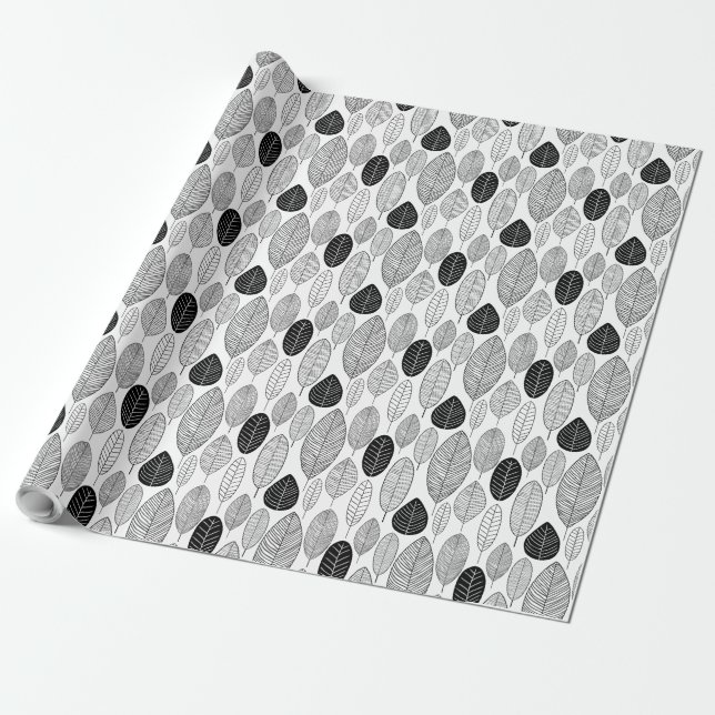 Papier Cadeau Motif feuille - noir sur blanc (Déroulé)