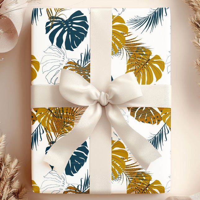 Papier Cadeau Motif Feuille Tropical Gold et Navy Blue Palm (Créateur téléchargé)