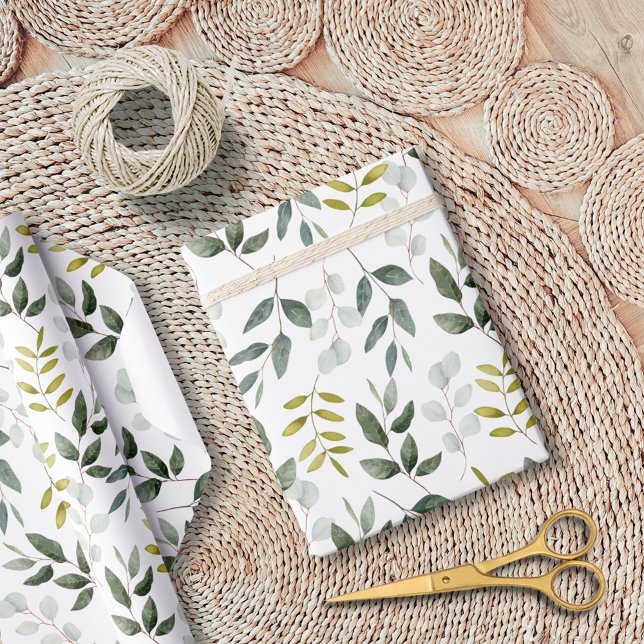 Papier Cadeau Motif Feuille vert aquarelle (In situ)