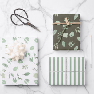Papier Cadeau Motif feuille verte Sage   Motif de bandes