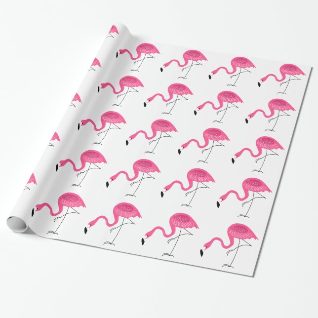 Papier Cadeau Motif Flamants roses blanc et rose (Déroulé)