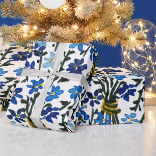 Papier Cadeau Motif Fleur sauvage bleu aquarelle sur blanc