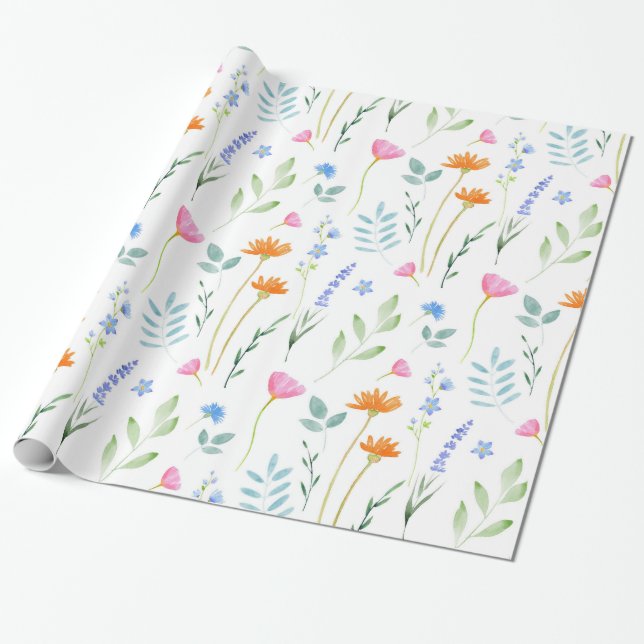 Papier Cadeau Motif Fleur sauvage d'aquarelle mixte (Déroulé)