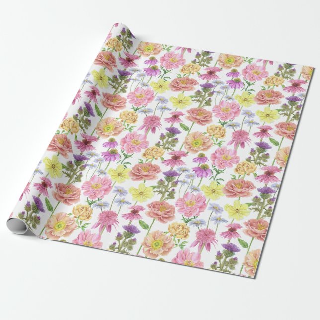 Papier Cadeau Motif Fleur sauvage Elegant Rose Aquarelle (Déroulé)
