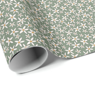 Papier Cadeau Motif Fleur Tiré Blanc Vert Sage Classé.