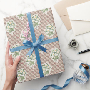 Papier Cadeau Motif Fleurs Blanches Roses Vintage Rayures Marron